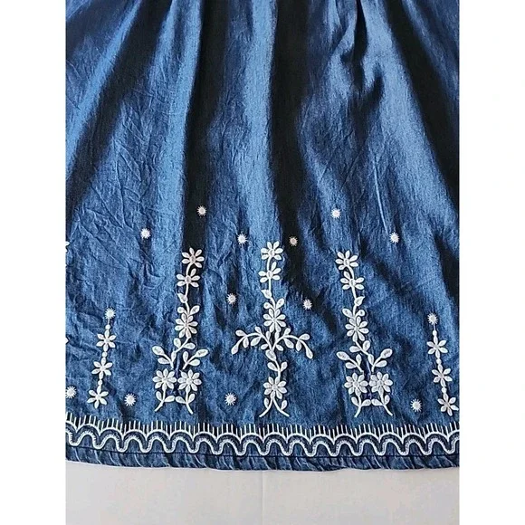 Womens Denim Midi Shirt Dress L Embroidered Pintuck Cottage Coastal Granny Chic - Picture 3 of 10